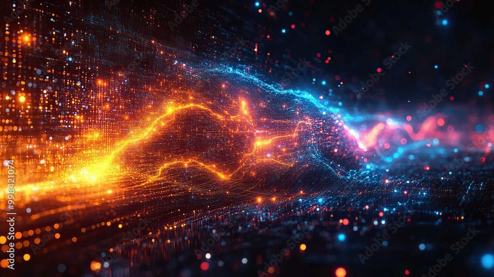 A visual of big data and AI technology, illustrating the flow of information and digital innovation in artificial intelligence. A visual of big data and AI technology, illustrating the flow of information and digital innovation in artificial intelligence.