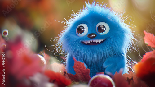 A cute fluffy blue little monster smiling