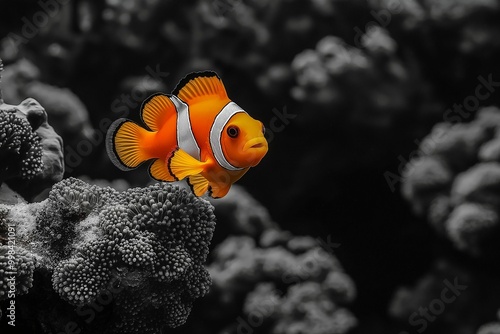 a vibrant clownfish swimming on a grayscale background