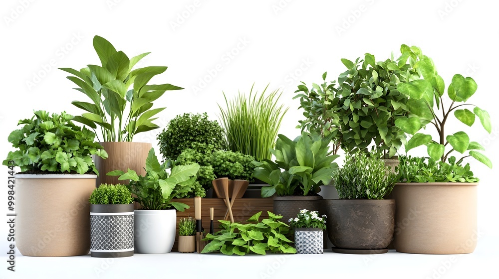 Vibrant Home Gardening Still Life with Lush Green Plants and Botanical Decor on White Background Vibrant Home Gardening Still Life with Lush Green Plants and Botanical Decor on White Background