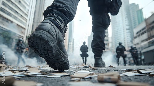 Riot police in heavy boots navigate a smoky street lined with makeshift barricades amidst a chaotic scene as the city deteriorates around them