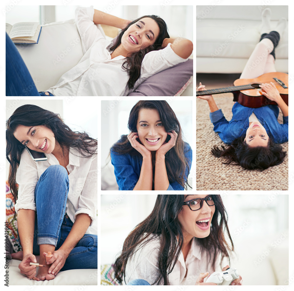 Woman, collage and relax in home for portrait, comfort and self care with technology. Girl, hobbies and happy in living room for music, connectivity and weekend routine with esports or storytelling Woman, collage and relax in home for portrait, comfort and self care with technology. Girl, hobbies and happy in living room for music, connectivity and weekend routine with esports or storytelling