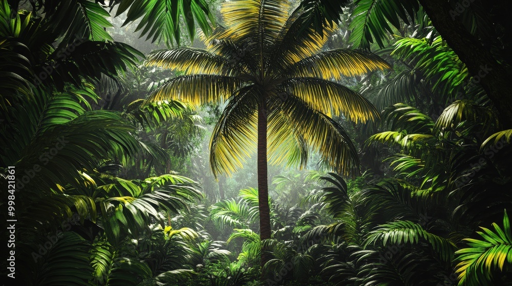 Visualize a coconut tree in a tropical rainforest, surrounded by dense foliage and vibrant plant life. Visualize a coconut tree in a tropical rainforest, surrounded by dense foliage and vibrant plant life.