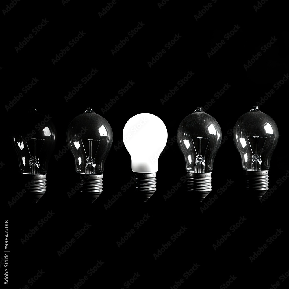 A single bright light bulb standing out in a line of dull ones, representing visionary leadership. A single bright light bulb standing out in a line of dull ones, representing visionary leadership.