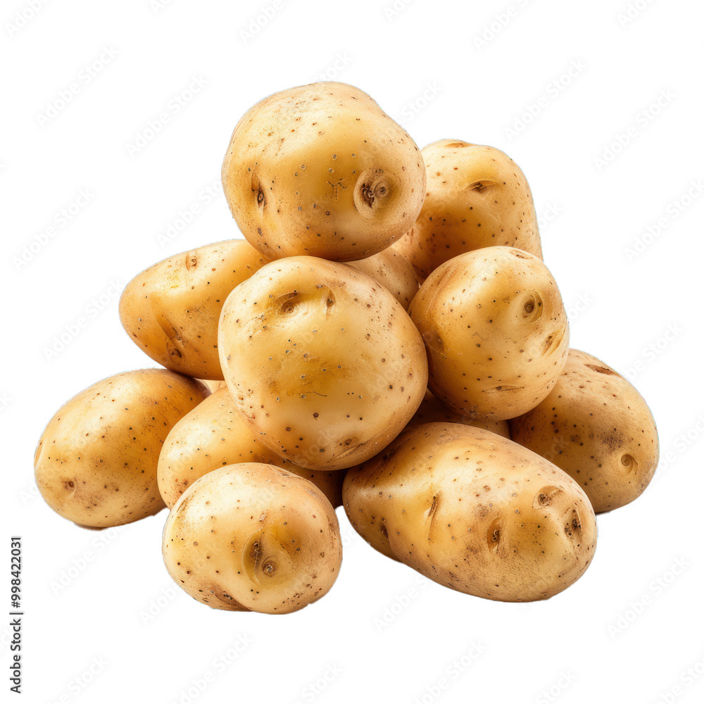 Several raw potatoes are forming a pile on a white background Several raw potatoes are forming a pile on a white background