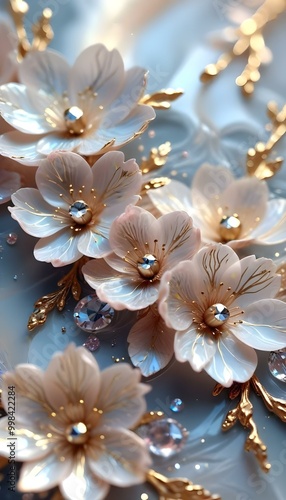 Delicate pink cherry blossom flowers with golden luster effect