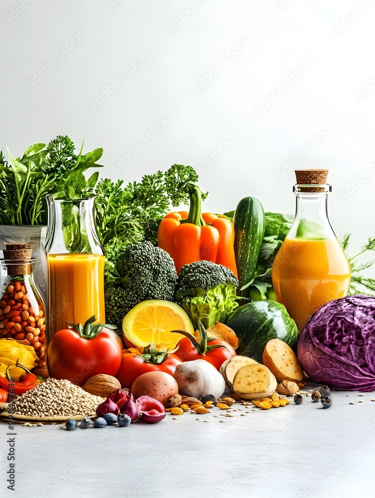 Vibrant Plant Based Diet Showcase with Fresh Vegetables Whole Grains and Nutrient Rich Smoothies on a Pristine White Background Vibrant Plant Based Diet Showcase with Fresh Vegetables Whole Grains and Nutrient Rich Smoothies on a Pristine White Background