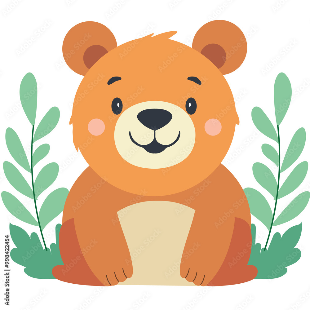 Cute Cartoon Bear Character Sitting on Nature Background PNG. Cute Cartoon Bear Character Sitting on Nature Background PNG.
