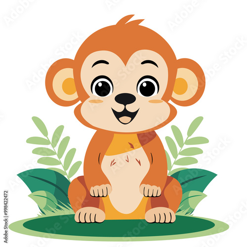 Cute Cartoon Monkey Character Sitting on Nature Background PNG. photo