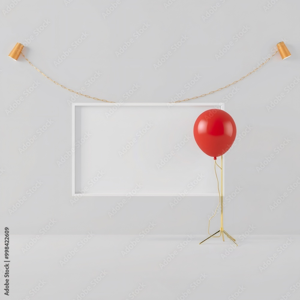 Red balloon on a golden stand in front of a white frame, with a gold chain hanging above. Red balloon on a golden stand in front of a white frame, with a gold chain hanging above.