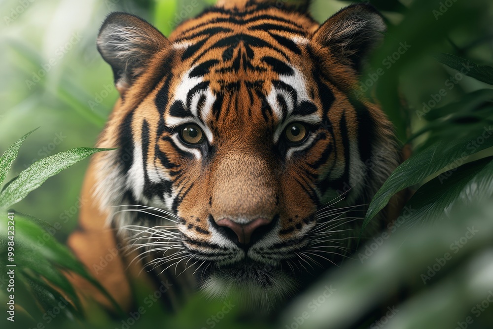 An Enigmatic Tiger Eyes You from the Lush Greenery of Its Natural Habitat, Captivating All Who See An Enigmatic Tiger Eyes You from the Lush Greenery of Its Natural Habitat, Captivating All Who See