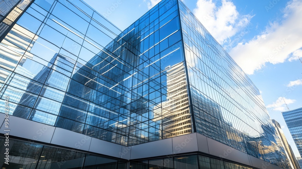 A sleek modern office building exterior with glass windows reflecting the blue sky and nearby skyscrapers. A sleek modern office building exterior with glass windows reflecting the blue sky and nearby skyscrapers.