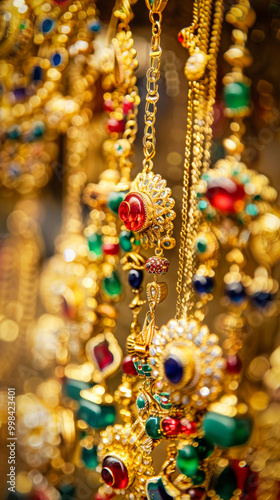 Traditional old oriental jewelry made of gold and gems, displayed in an old middle eastern jewelry store