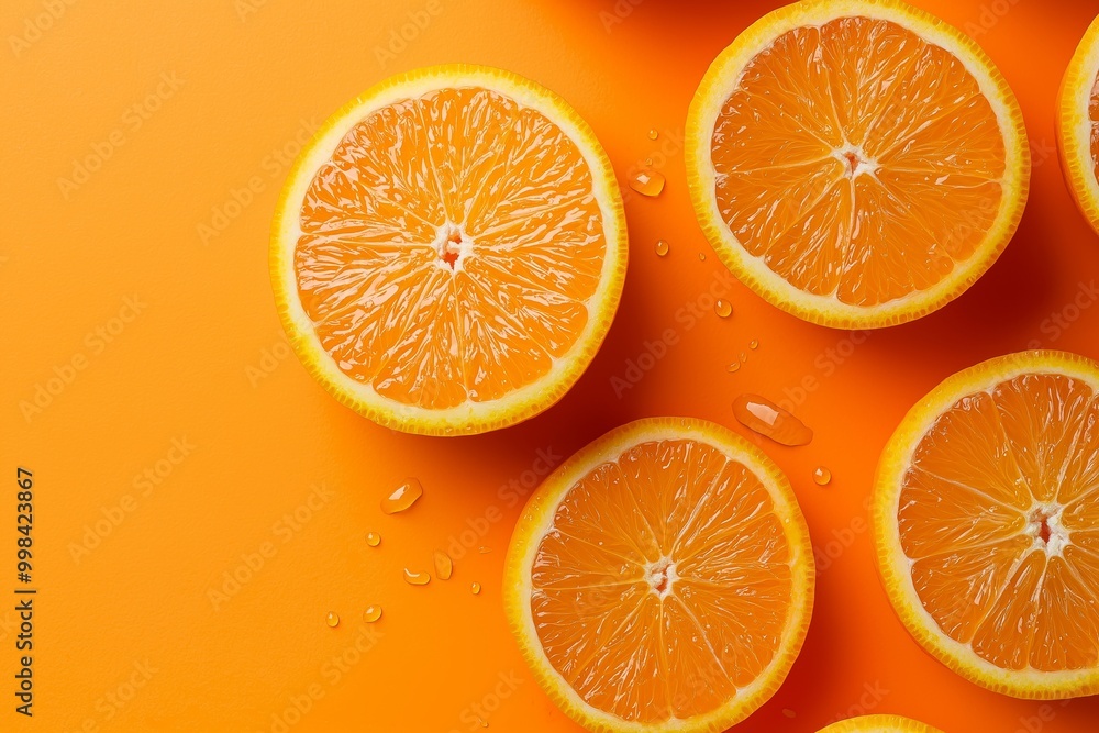 Fototapeta premium Slices of fresh oranges with visible water drops placed on a vibrant orange background, emphasizing their juiciness and appeal.