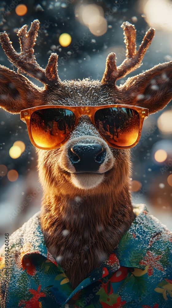 Naklejka premium This funny illustration of a reindeer wearing sunglasses and a Hawaiian shirt in a beachy atmosphere is perfect for use on holiday posters that can bring fun and laughter to people on any occasion.