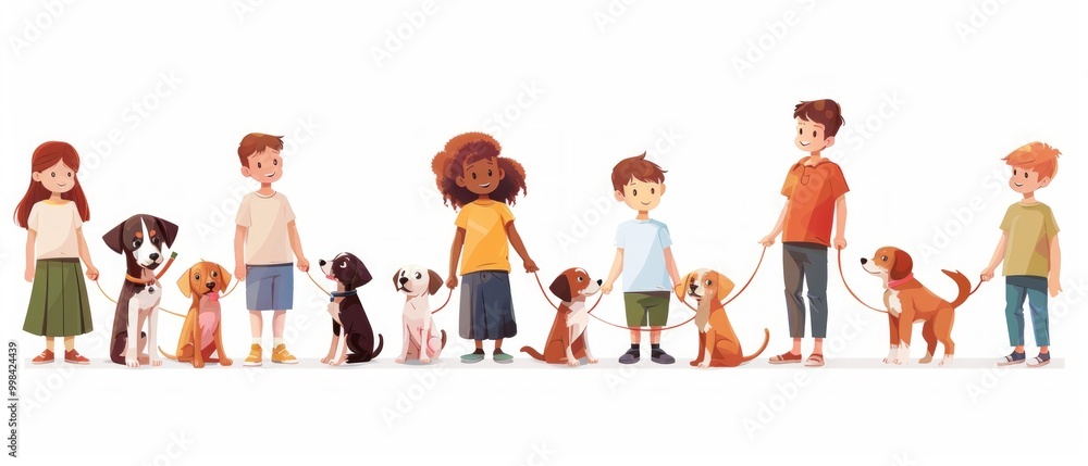 Fototapeta premium Image shows 11 diverse children holding leashes connected to various dogs, reflecting unity and diversity. Dogs appear calm, emphasizing a peaceful bond.