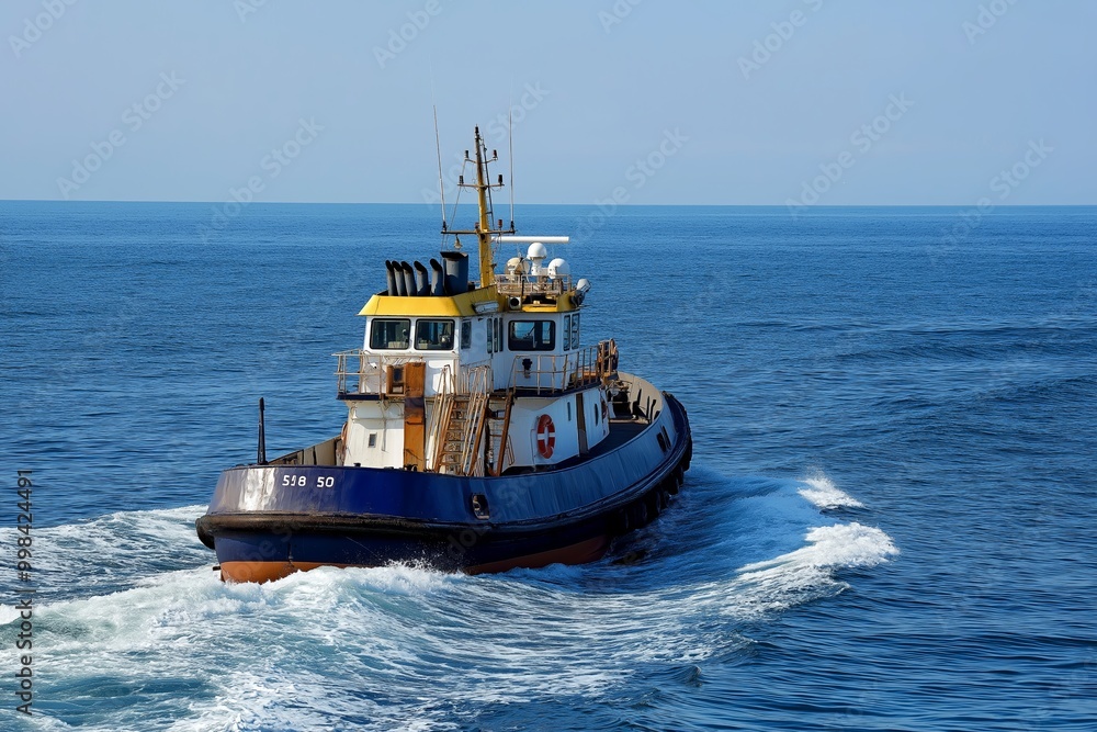 A sturdy tugboat sails through serene, blue ocean waters under a cloudless sky, showcasing maritime activity at sea. A sturdy tugboat sails through serene, blue ocean waters under a cloudless sky, showcasing maritime activity at sea.
