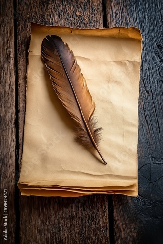 A single dark feather rests on a stack of old paper on a weathered wooden table, evoking a sense of nostalgia.