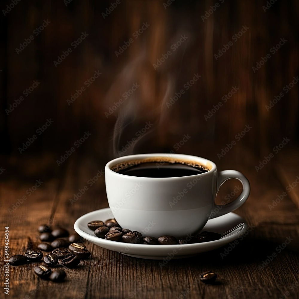 A steaming cup of black coffee on a white saucer, set against a dark wooden background with scattered coffee beans around A steaming cup of black coffee on a white saucer, set against a dark wooden background with scattered coffee beans around
