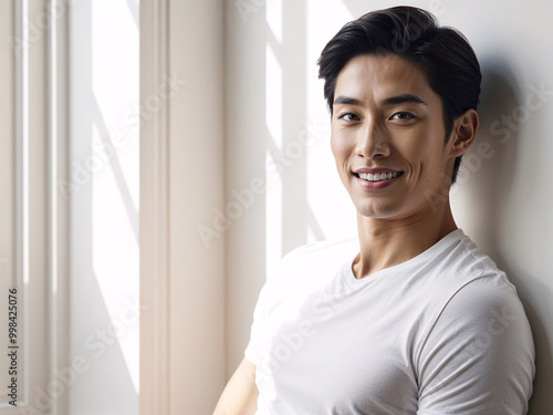 Handsome young Asian man in front of a window, indoor. Portrait with natural light