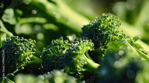 Fresh broccoli florets stacked together with water droplets sparkling, emphasizing their vibrant green color photo