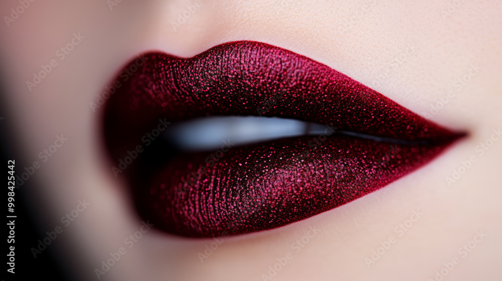 Fototapeta premium Luscious red lips adorned with shimmering lipstick create striking and glamorous look, perfect for any beauty enthusiast. rich color and texture enhance overall allure