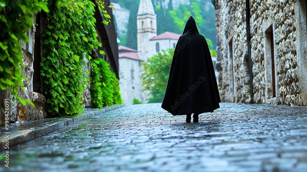Solitary Figure in Black Cloak Walking in Historic Setting Solitary Figure in Black Cloak Walking in Historic Setting