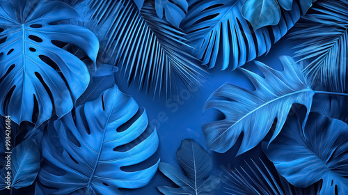 A monocolor collection of tropical leaves in different shades of blue, set against a blue background