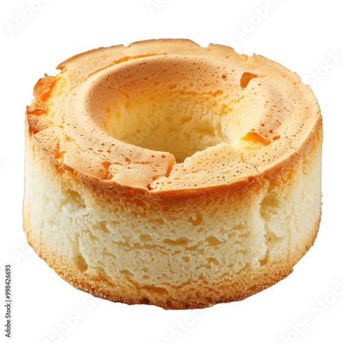 Golden brown sponge cake with a hole in the center is tempting you to have a bite