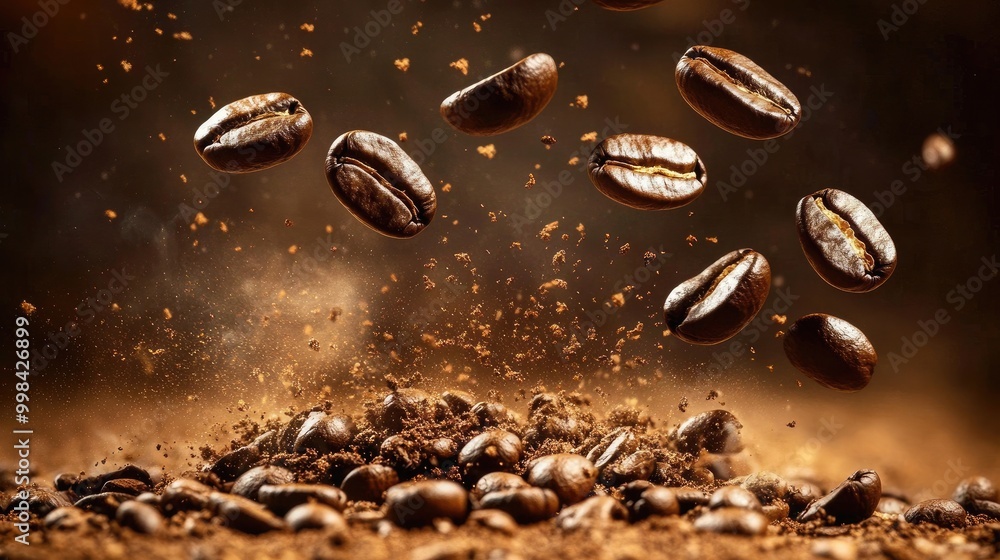 Close-up of roasted coffee beans falling into a pile, creating a dynamic scene against a brown, earthy background. Close-up of roasted coffee beans falling into a pile, creating a dynamic scene against a brown, earthy background.