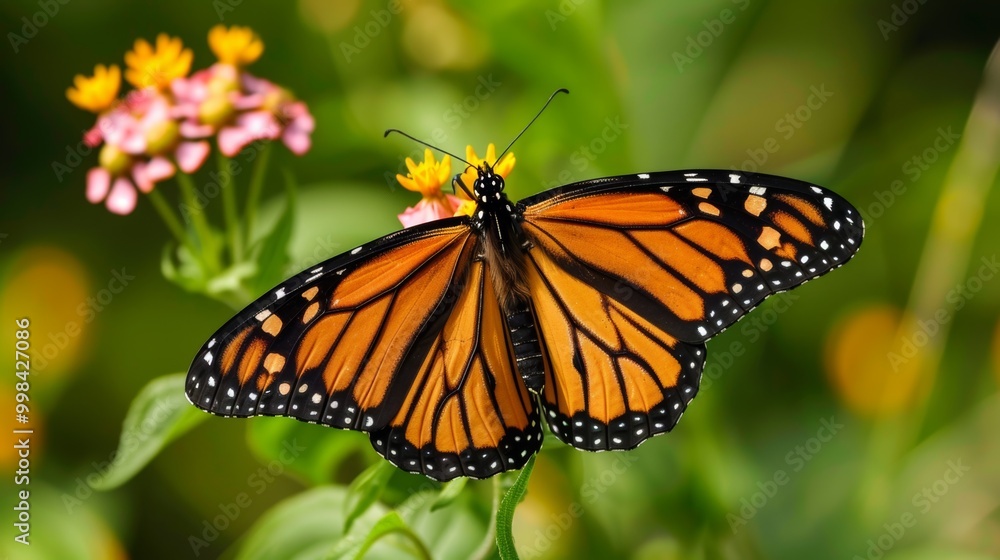 Monarch Butterfly Resting on Colorful Flowers in a Lush Garden Monarch Butterfly Resting on Colorful Flowers in a Lush Garden