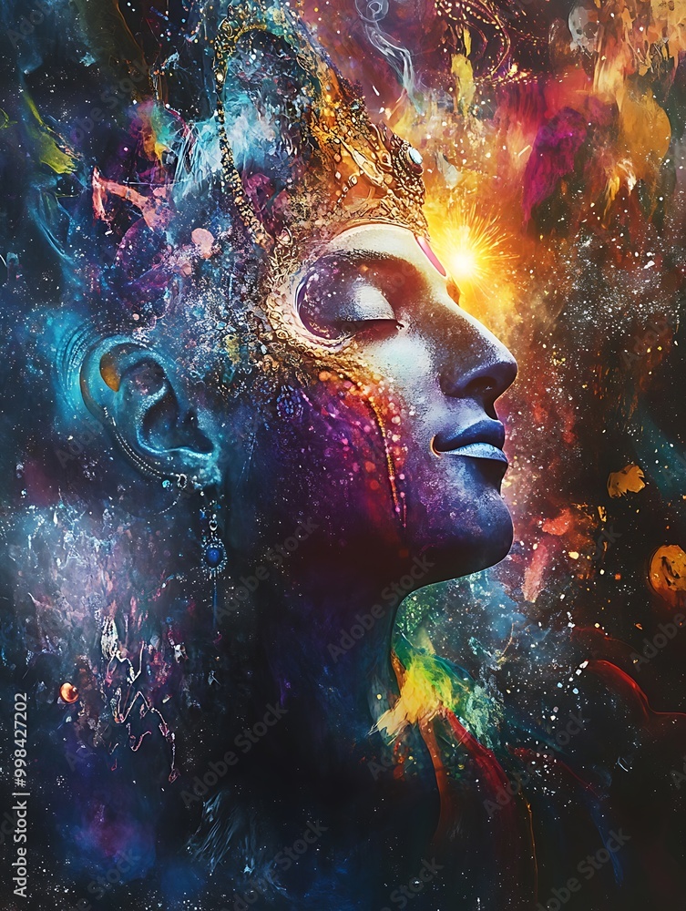 Mystical Portrait of a Woman in a Crown, Surrounded by a Colorful Cosmic Background. Mystical Portrait of a Woman in a Crown, Surrounded by a Colorful Cosmic Background.