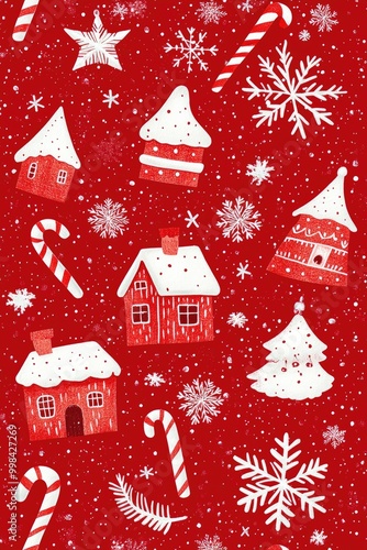 Red and White Christmas Pattern with Gingerbread Cookies, Candy Canes, Stars, Houses, and Snowflakes