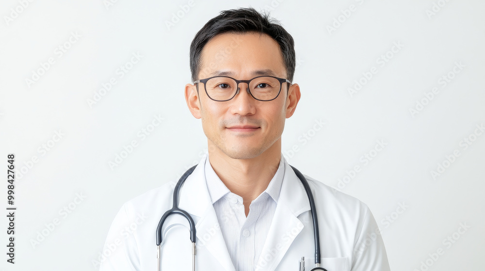 A confident male doctor wearing glasses and white coat, with stethoscope around his neck, stands against light background, ready to assist patients with care and professionalism A confident male doctor wearing glasses and white coat, with stethoscope around his neck, stands against light background, ready to assist patients with care and professionalism