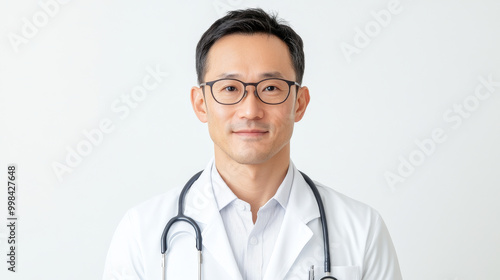 A confident male doctor wearing glasses and white coat, with stethoscope around his neck, stands against light background, ready to assist patients with care and professionalism