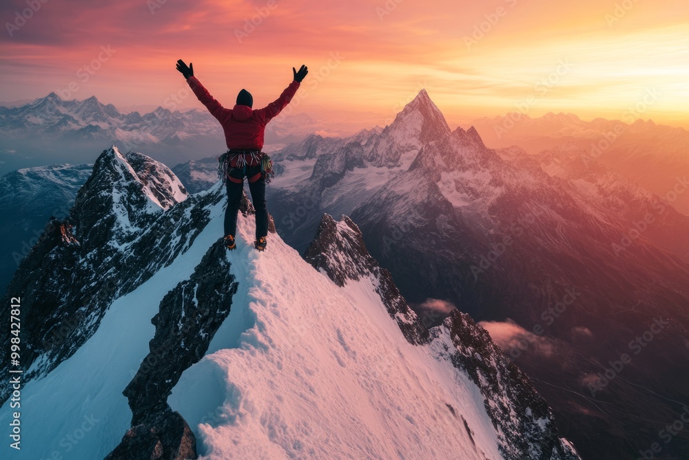 Obraz premium A climber reaches the peak of a mountain at sunset. The vibrant colors create a stunning backdrop. This image represents adventure and achievement. Generative AI