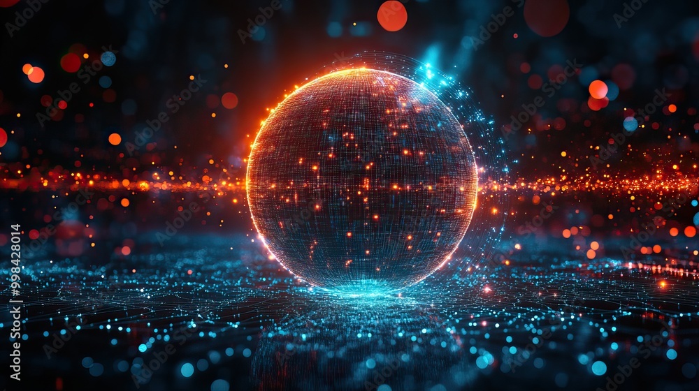 Obraz premium An abstract 3D rendering of a digital globe, symbolizing scientific technology and data networks.