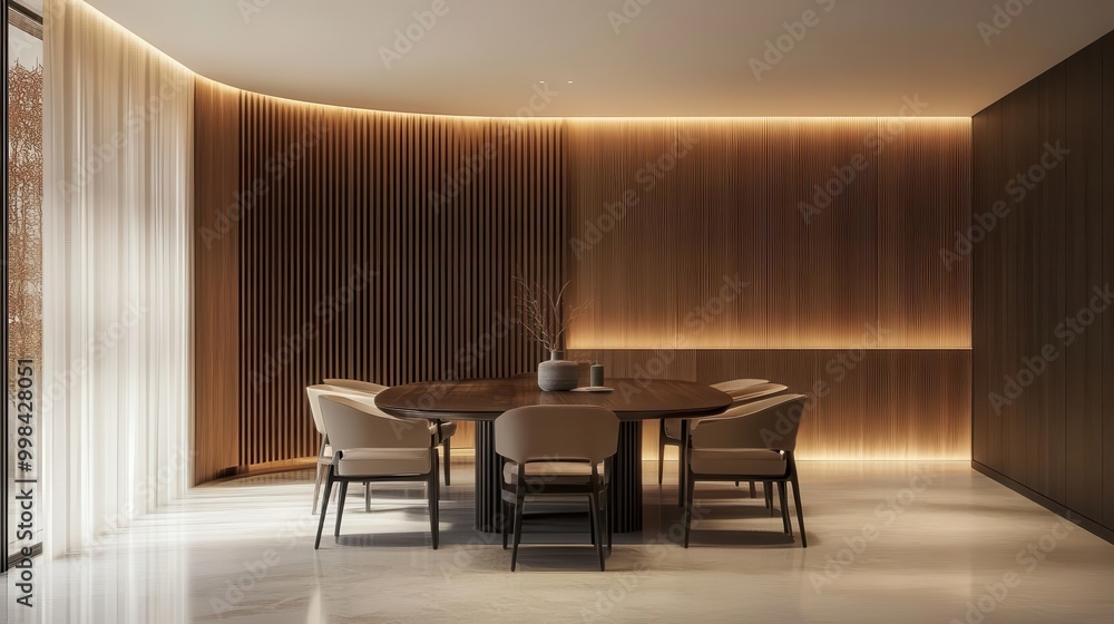 minimalist dining room with curved wooden accent wall sleek furniture warm ambient lighting and large windows minimalist dining room with curved wooden accent wall sleek furniture warm ambient lighting and large windows