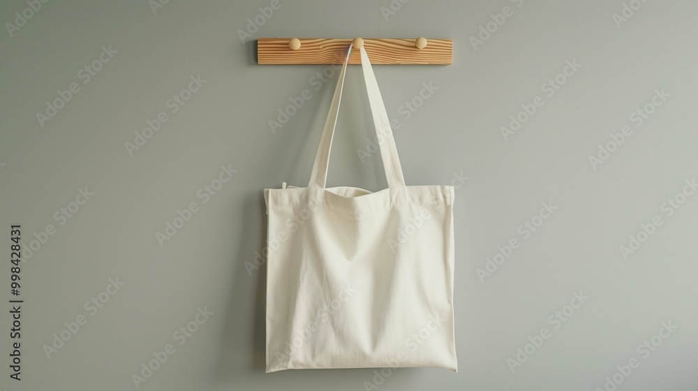 Minimalist canvas tote bag mockup hanging on wooden hook against plain wall, ai generated