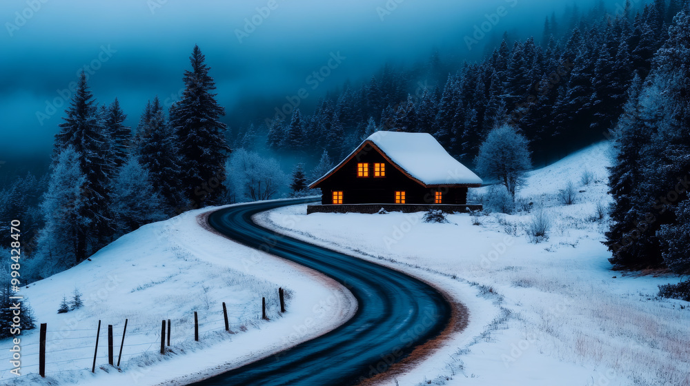 serene winter scene featuring cozy cabin illuminated by warm lights, surrounded by snow covered trees and winding road. thick fog adds mystical atmosphere to landscape serene winter scene featuring cozy cabin illuminated by warm lights, surrounded by snow covered trees and winding road. thick fog adds mystical atmosphere to landscape