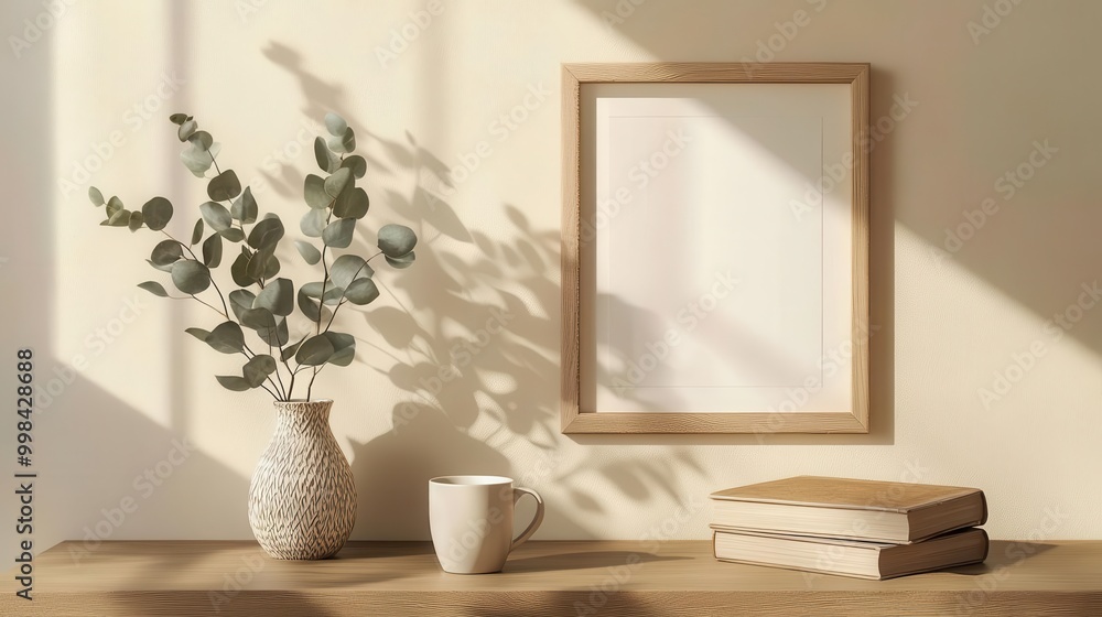 minimalist home office nook wooden picture frame on beige wall eucalyptus in vase coffee cup books clean lines warm natural light minimalist home office nook wooden picture frame on beige wall eucalyptus in vase coffee cup books clean lines warm natural light