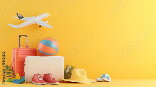 Travel essentials arranged against vibrant yellow background, featuring pink suitcase, white suitcase, colorful beach accessories, and an airplane model. This scene evokes excitement for summer vacati photo