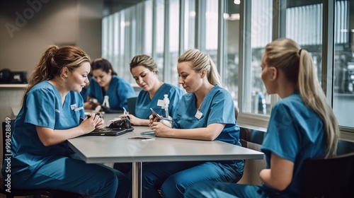 Group of Female Nurses on Break in Hospital Cafeteria