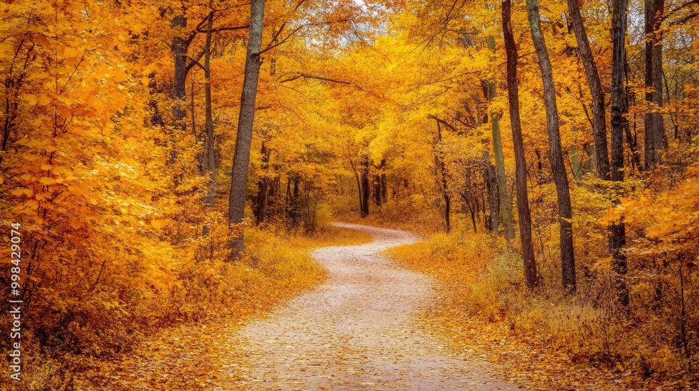 Obraz premium A vibrant autumn forest with golden leaves and a winding path leading into the woods.