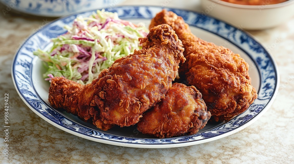 Visualize a plate of fried chicken with a unique blend of spices, including paprika, garlic powder, and cayenne. Visualize a plate of fried chicken with a unique blend of spices, including paprika, garlic powder, and cayenne.