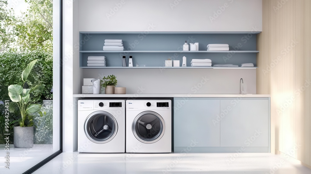 minimalist laundry room with sleek appliances organized shelving and a calming color palette of whites and light blues minimalist laundry room with sleek appliances organized shelving and a calming color palette of whites and light blues
