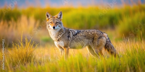 Coyote in Alberta Grasslands posing in field at Wainwright dunes Alberta photo