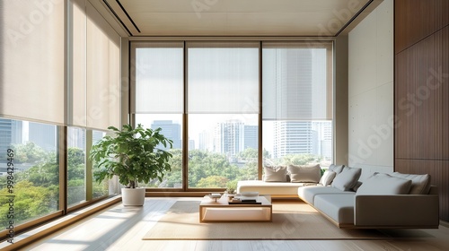 minimalist living room bathed in natural light featuring floortoceiling windows with elegant woodframed motorized blinds complemented by textured wall panels photo