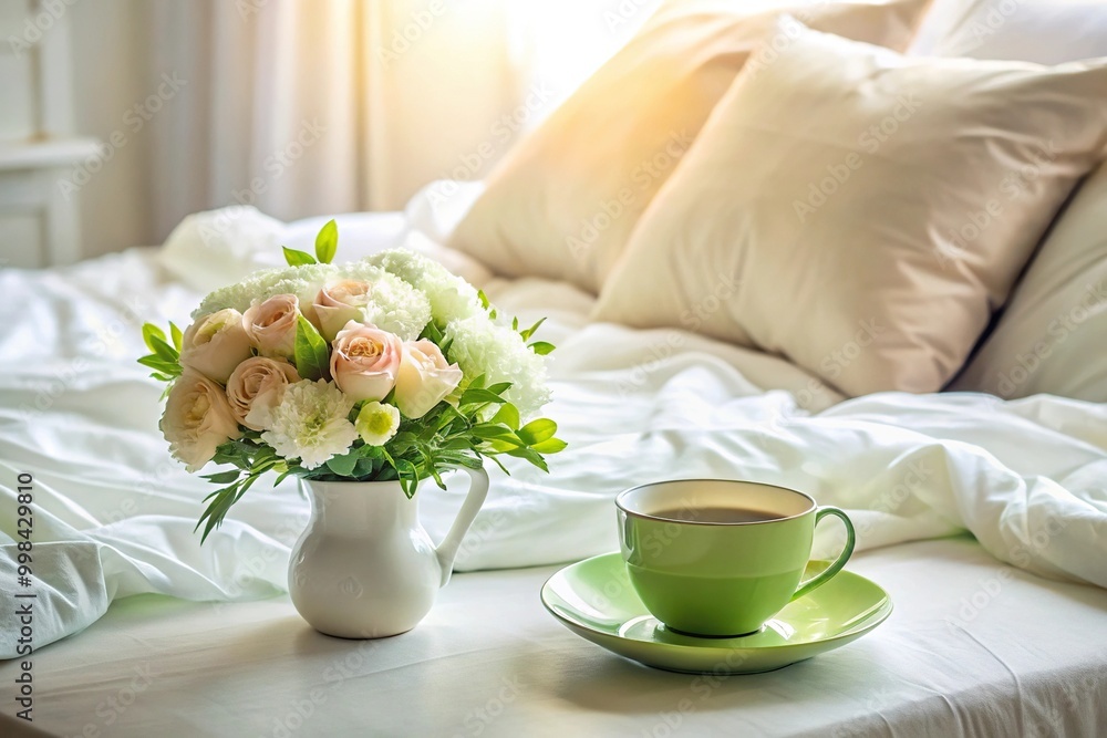 Cozy bedroom with green tea cup and flower bouquet on white bed Cozy bedroom with green tea cup and flower bouquet on white bed