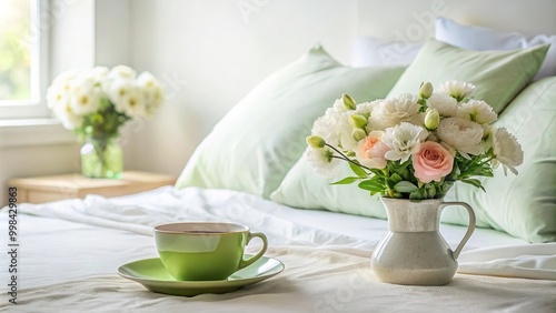 Cozy bedroom with green tea cup and flowers on bed